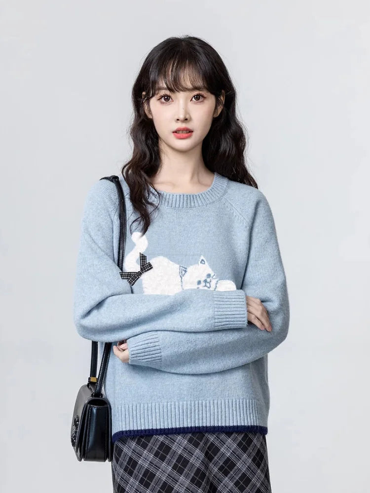 Bxoxo Cartoon Cat Print Kawaii Sweaters Women Sweet Bow Long Sleeve Cute Knitted Jumper Vintage Japan O Neck Casual Loose Pullovers