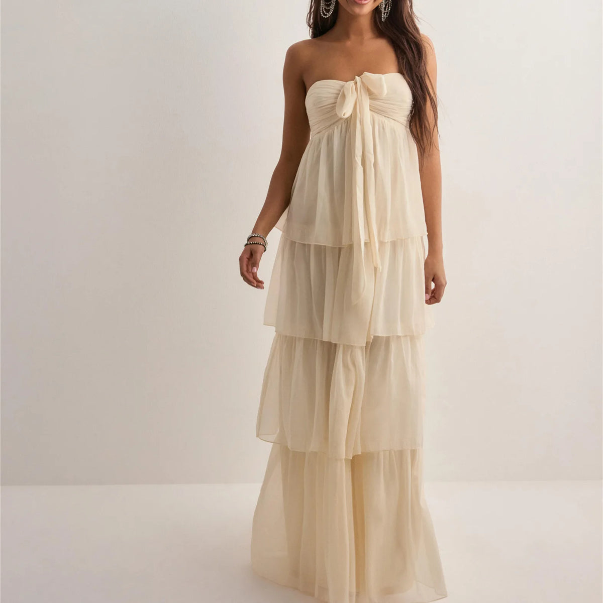 BXOXO Women's Strapless Long Dress Fashion Sleeveless Tiered Hem Tube Dress Summer Beach Holiday Party Wedding Dress
