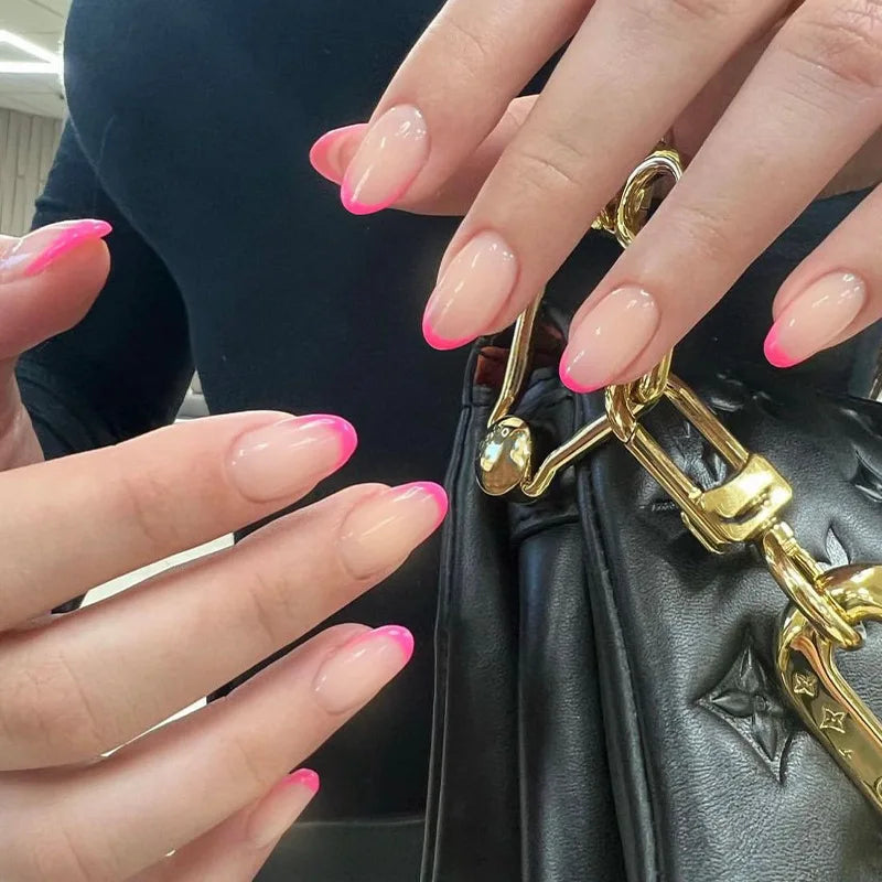 Bxoxo 24P French Oval False Nails Girls White Edge Design Nude Color Wearable Press on Nail Full Cover Short Acrylic Almond Fake Nails