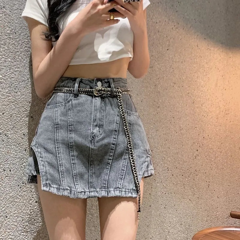 Bxoxo Summer New Irregular Denim Shorts Skirt Female Y2K Street Fashion High Waist Plus Size Slim Bag Hip Skirt Pants Exposed A Shorts