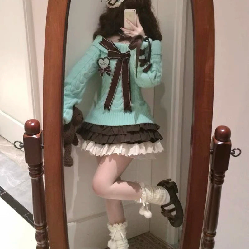 Bxoxo Japanese Sweet Lolita Mini Skirts Women Y2K Kawaii Lace Patchwork Bow Cake Skirt Femme High Waist Preppy All Match A Line Skirts