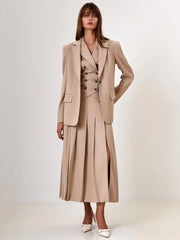 BXOXO  Autumn Two Piece Sets Women Double-breasted Vest And Split Skirt Matching Sets Fashion Long Pleated Skirt Two Piece Set