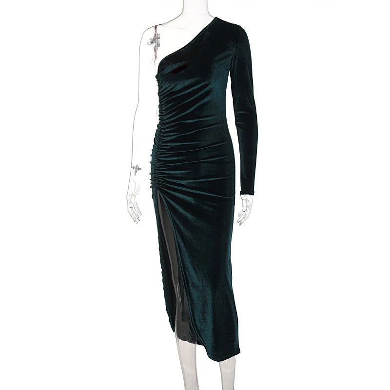 Bxoxo Women Elegant Long Sleeve Party Evening Velvet Bodycon Split Pencil Midi Dress 2024 Spring Autumn Clothes