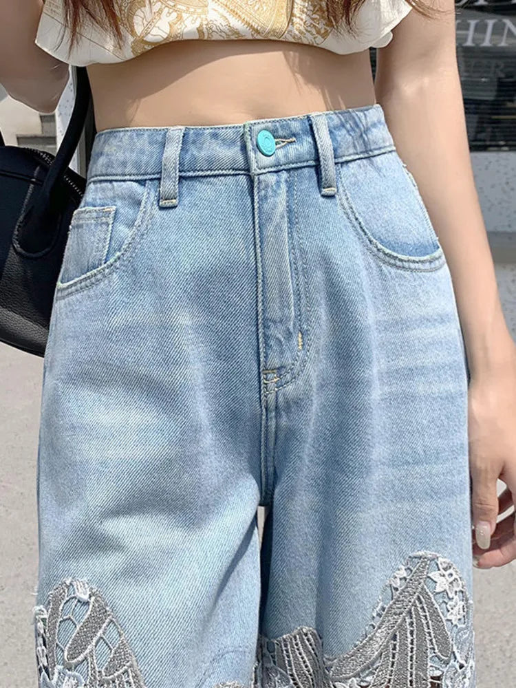 Fashion Elegant Jeans For Women High Waist Lace Splicing Hollow Out Irregular Pantalones De Mujer Casual Slim Denim Long Pants