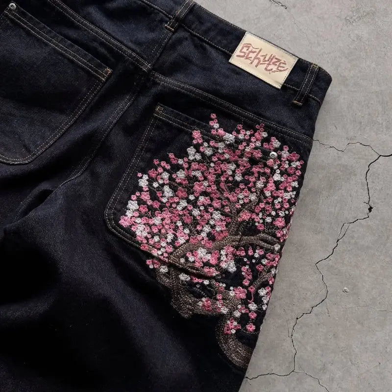 Bxoxo Y2k Vintage Plum Blossom Embroidery Women Jeans Harajuku Wide Leg American Style Denim Pants Baggy Hip Hop Streetwear