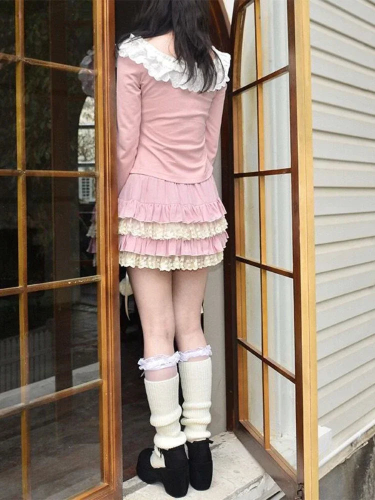 BXOXO Pink Lace Sweet Lolita Cake Skirt Women A-line Japanese Kawaii Cute Skirt Female Bow Korean Elegant Fairy Skirt Autumn