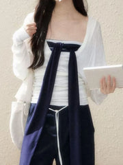 Bxoxo Korean Style Two-piece Set T Shirt Women Elegant Sweet Striped Transparent Tees Fashion Loose Streetwear White Tops