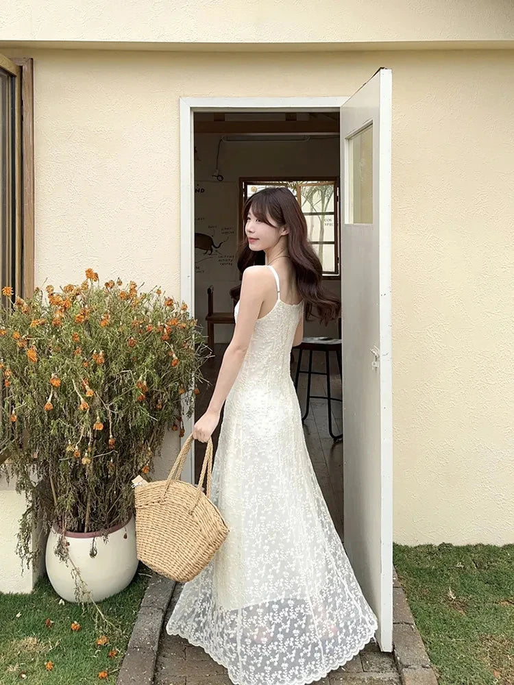 Bxoxo Vintage Embroidered Women Camis Dress Korean Chic Spaghetti Straps Midi Dress Y2K Ladies Elegant Beach Party A Line Dress