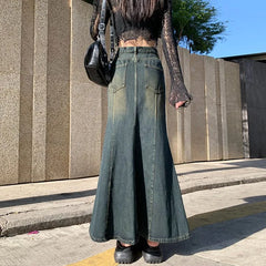 BXOXO Women's Retro Blue Denim Skirt, High Waist, Slim, Mid Length, Fishtail, Wrapped Hip Skirt, Spring, New