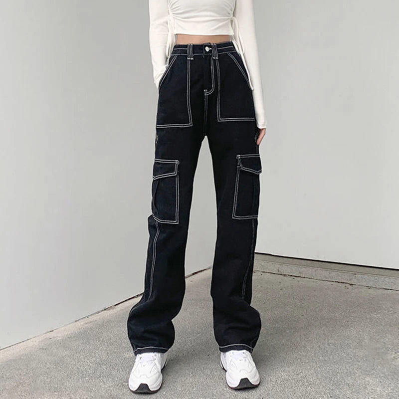 BXOXO Streetwear Pockets Black Cargo Jeans Women High Waist Straight Denim Trousers Woman Harajuku Wide Leg Long Pants