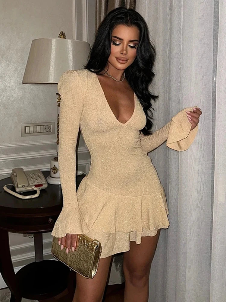 BXOXO Sexy DeepV Brilliant Silk Long Sleeve Dress Women Ruffled Bodycon Mini Dress Female Tight Elegant Party Evening Vestidos