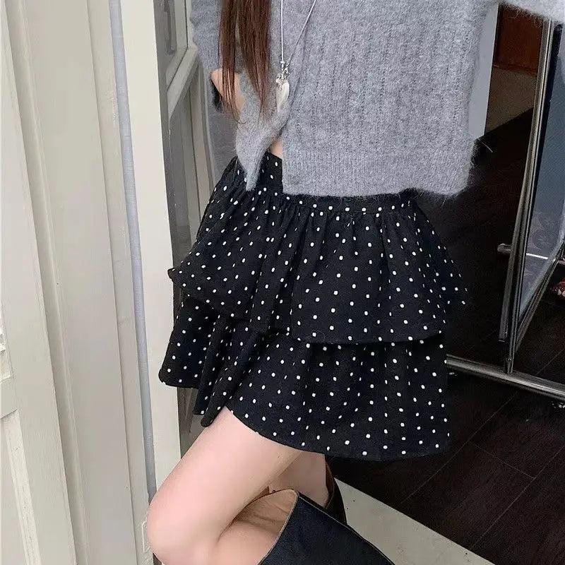 BXOXO Sweet Kawaii Mini Skirt Women Grey Korean Style Elegant Dot Short Skirts Coquette Fashion High Waist Cute Ruffle Skirt