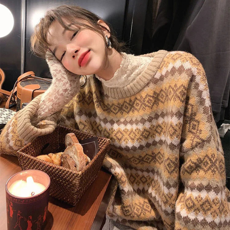 Bxoxo Winter Knitwear Pullover Sweaters For Women Top Blue Vintage Long Loose Autres Sweats Warm Korea Fashion Kawaii Jersey Jumper