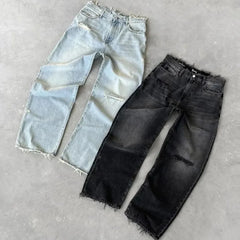 Bxoxo Washed Ripped Distressed Jeans Women and Man Hole Embroidery Wide Leg American Retro Denim Pants Baggy Punk Streetwear