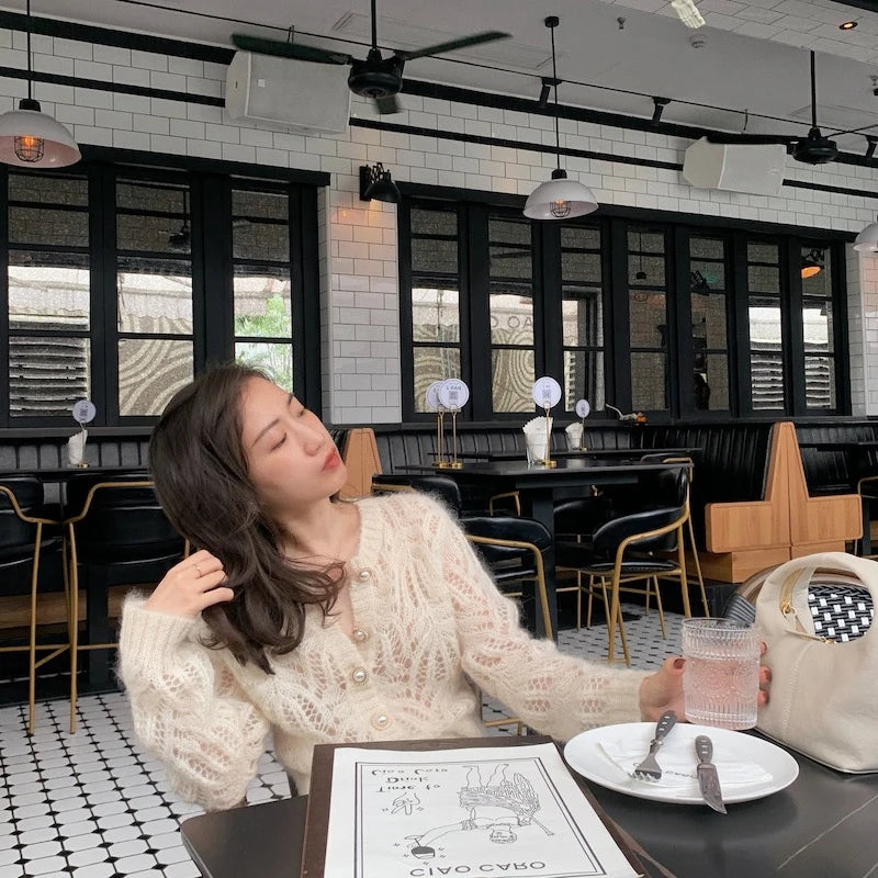 BXOXO Autumn Openwork Knitted Cardigan French Style Elegant O-neck Mohair Coat Sweater Female Casual Solid Long Sleeve Soft Tops