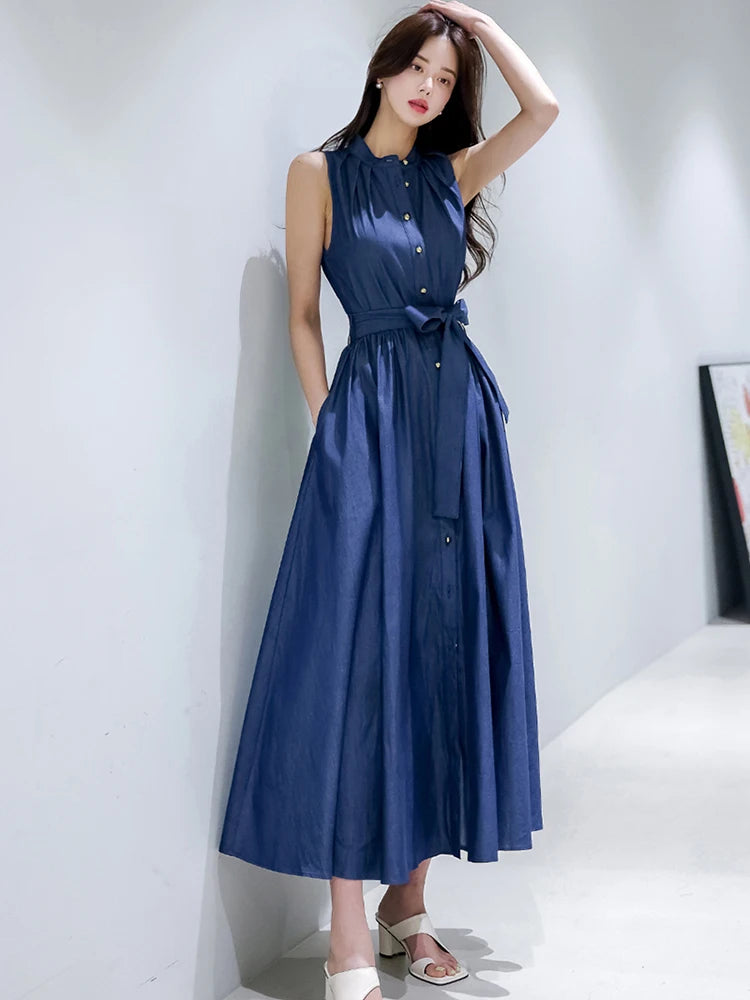 BXOXO Elegant Women Thin Denim Dress Summer Chic Korean Sleeveless A Line Long Dress Fashion Party Night Ladies Vestidos