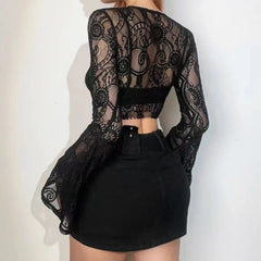 Bxoxo Sexy See Through Mesh Women Blouse Fashion Gothic V Neck Flare Sleeve Sunscreen Cardigan Y2K Summer Hot Girls Lace Crop Tops