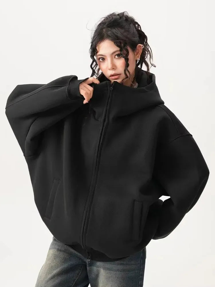 Bxoxo Y2K Black Hoodies Women Streetwear Oversize Loose Long Sleeve Retro Sweatshirt American Harajuku Vintage Bf Tops Coats New