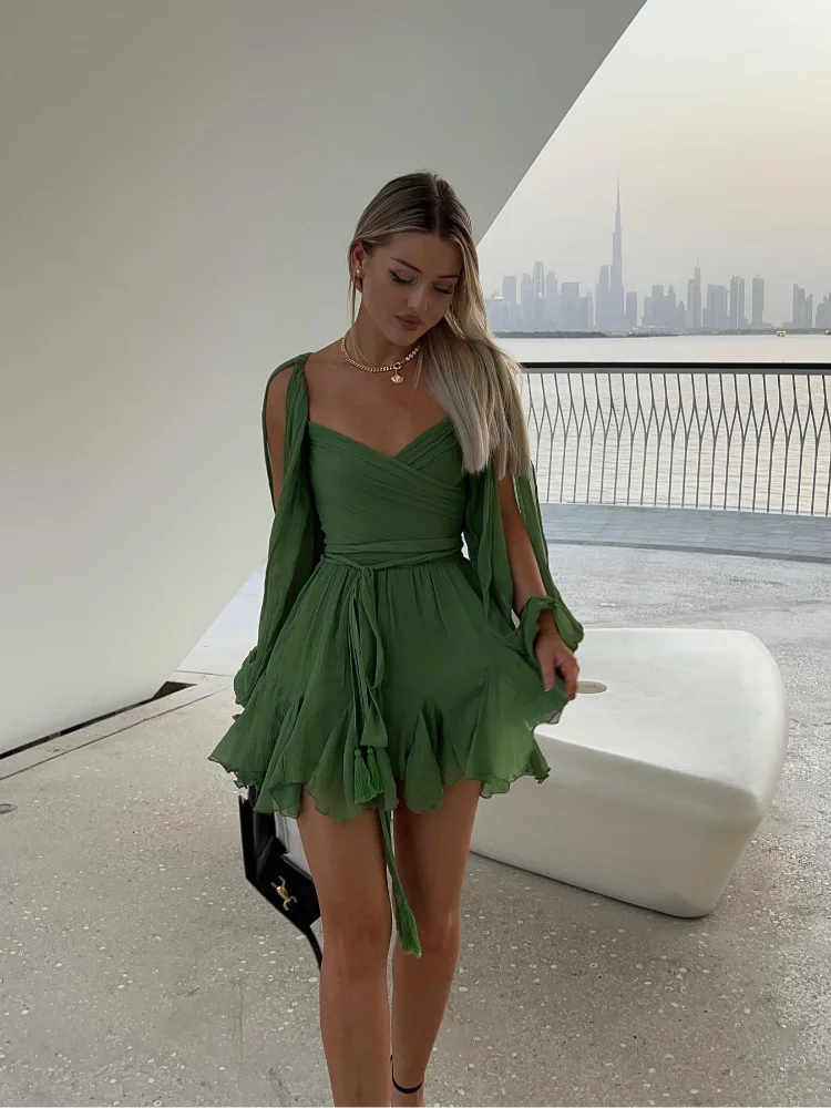 BXOXO Unique Split Long Sleeves V Neck Woman Soft Mini Dress Sexy Lady Pleated Hem Green Short Dresses New Fall Beach Party Vestidos