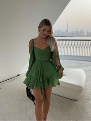 BXOXO Unique Split Long Sleeves V Neck Woman Soft Mini Dress Sexy Lady Pleated Hem Green Short Dresses New Fall Beach Party Vestidos