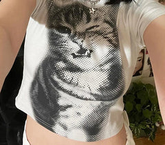 BXOXO Harajuku Animal Print Crop Top Basic White Short Sleeve Crewneck T-shirt Women Casual Slim-fitting Tees Lady y2k Vintage