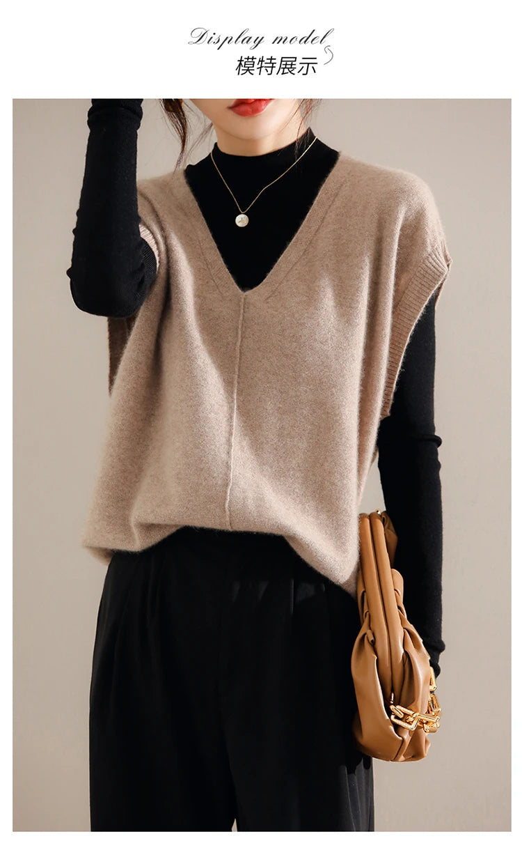 Bxoxo Cashmere Vest Ladies New 100%Pure Wool Knit Waistcoat Spring V-Neck Large Size Sweater Wild Sleeveless Vest Solid Loose Top
