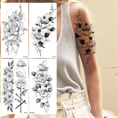 BXOXO 1/4pcs Black Flower Temporary Tattoos for Women Men Waterproof Realistic Floral Tattoo Stickers for Hand Arm Body Fake Tattoo