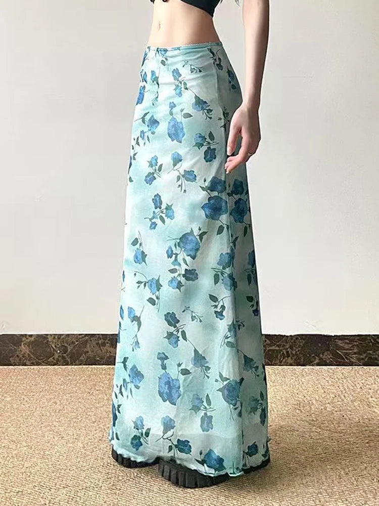 Bxoxo Vintage Mesh Floral Long Skirt Women Elegant Low Waist Slim Sexy Skirts Retro American Streetwear Casual Elastic Long Skirt
