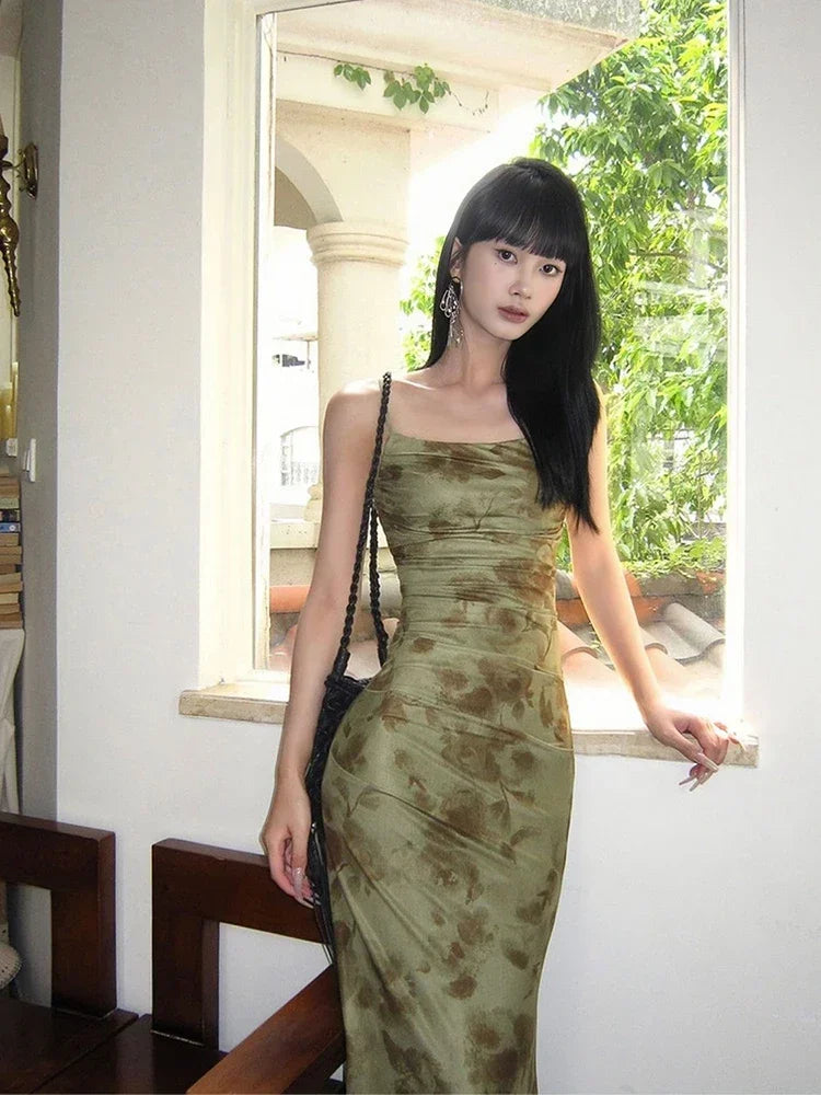 Bxoxo Retro Printed Camis Dress Women Summer Sexy Slim Spaghetti Straps Backless Party Dress Korean Chic Elegant Beach Vestidos New