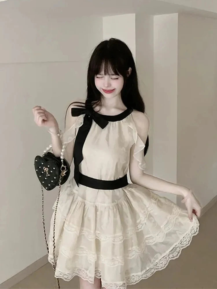 Bxoxo Off Shoulder Bow Sweet Dress Women Vintage O Neck Casual Elegant Mini Dress Lace Patchwork Retro Slim Lady Summer Vestidos
