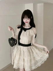Bxoxo Off Shoulder Bow Sweet Dress Women Vintage O Neck Casual Elegant Mini Dress Lace Patchwork Retro Slim Lady Summer Vestidos