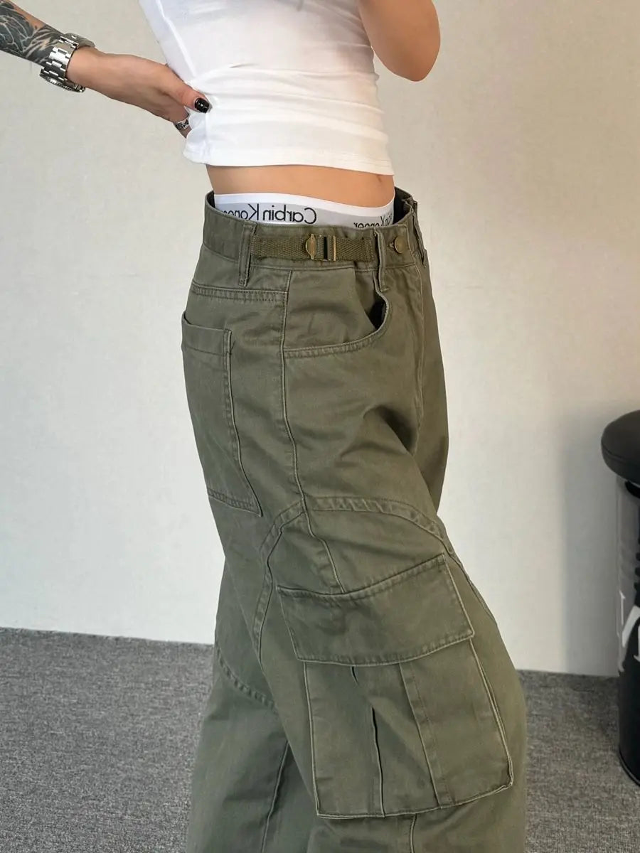 Bxoxo Y2k Green Vintage Cargo Pants Women Harajuku Multiple Pockets Korean Fashion Denim Pants Baggy Hip Hop Trousers Spring
