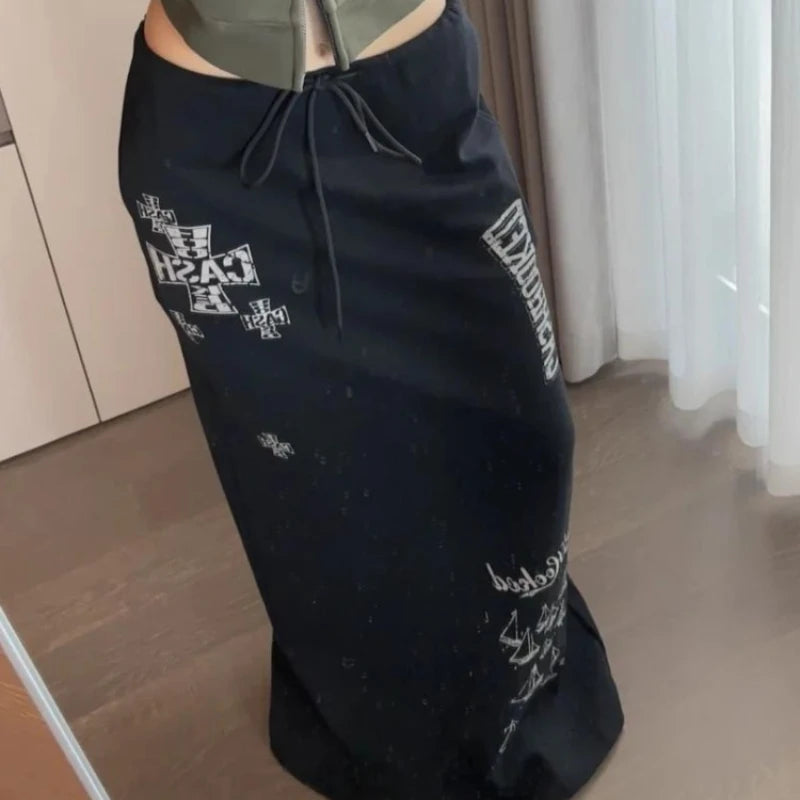 Bxoxo Black Gothic Long Skirt Women Japanese Style Harajuku Y2k Print Skirts Vintage 2000s Streetwear A-line Skirts Aesthetic