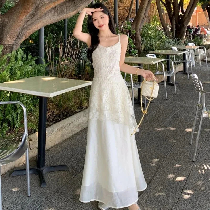 Bxoxo French Elegant Camis Dress for Women Fashion Lace Patchwork Irregular Midi Dress Summer New Beach Vacation Embroidered Vestidos