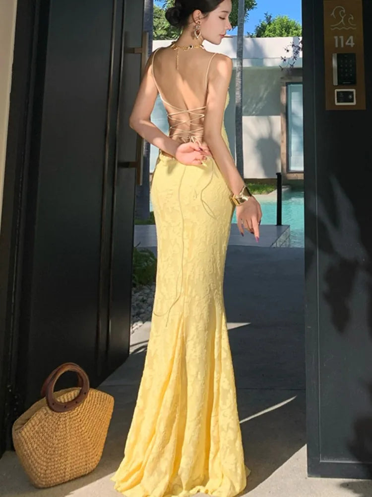 Bxoxo Women's Sexy Bodycon Party Dress Elegant Summer Yellow Lace-up Evening Spaghetti Strap Dresses 2025 New Chic Beach Holiday Robe