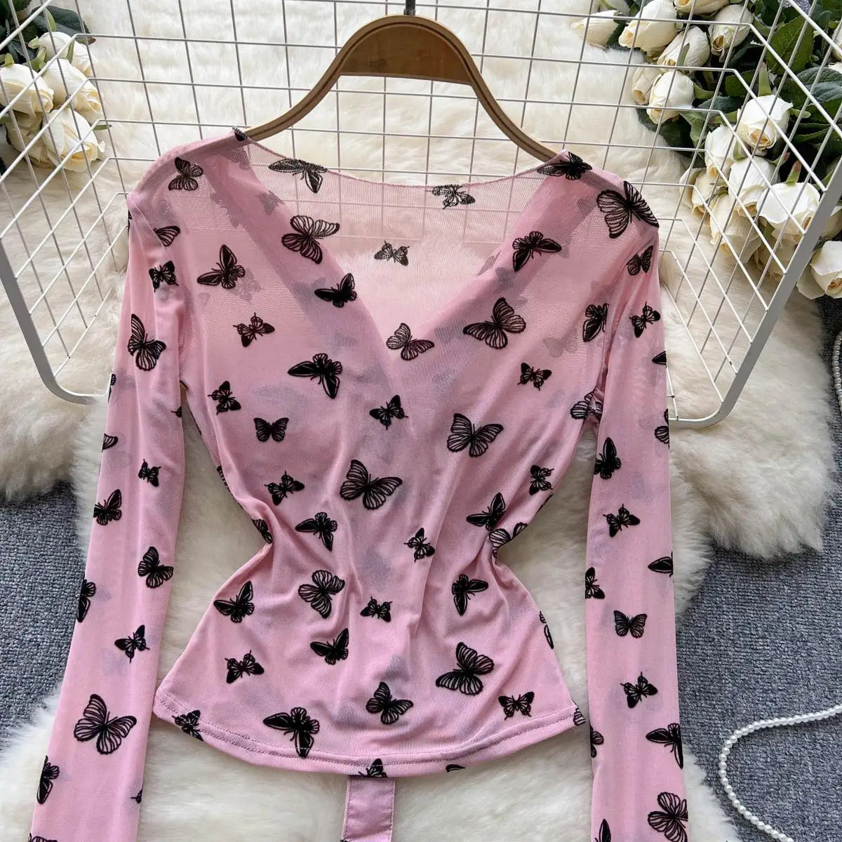 Bxoxo Butterfly Print Blouse Summer Long Sleeve V Neck Y2K 2024 Slim Vacation Ladies High Street Fashion Casual Shirt