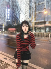 BXOXO Red Striped Pullovers Gothic Y2k Clothes Emo Girls Long Sleeve Asymmetrical Harajuku Slim Kawaii Retro Pull Femme Sweaters Chic