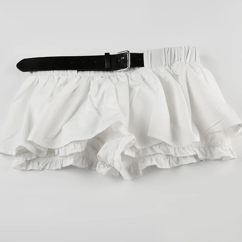 BXOXO Summer Low Rise Pleated Skirt with Shorts Korean Style Belt Patchwork Miniskirt for Women y2k Streetwear Ladies Clothing