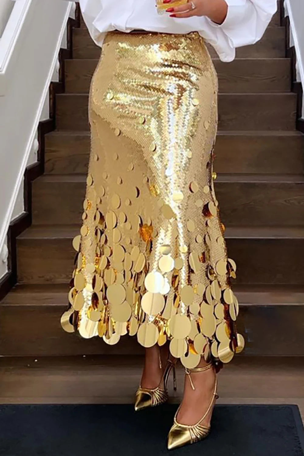 Bxoxo Plus Size Women Formal Skirts Elegant Gold Silver Long Sequin Party Club Evening High Waist Skirts Female Casual Cocktail Skirts