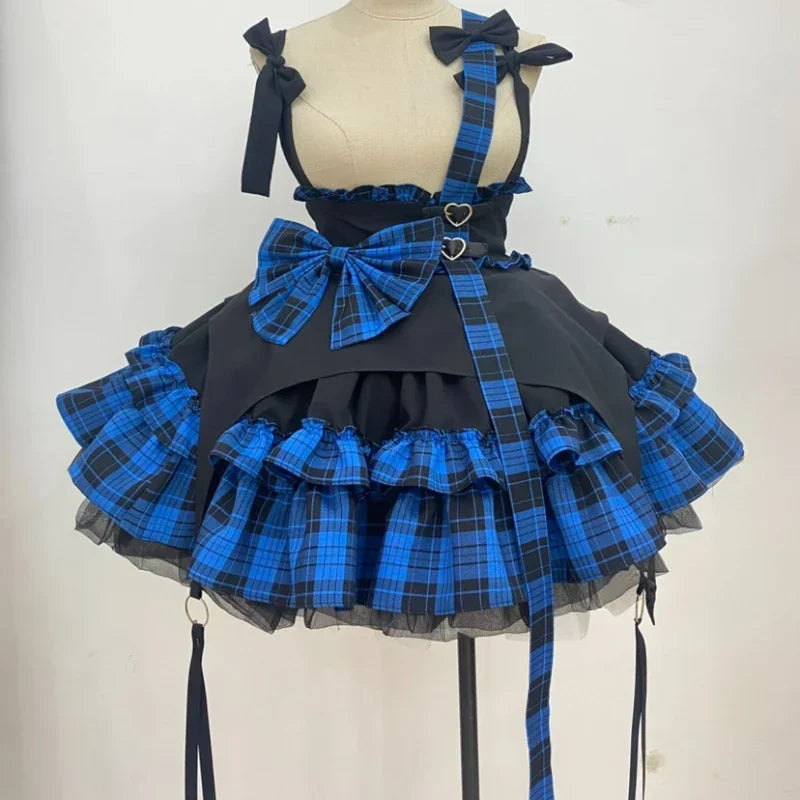 Cute Girl Y2k Cosplay Costume Party Skirt Ball Gown Lolita Plaid Bow Suspender Skirt Women Love Button A-Line Mini Skirts