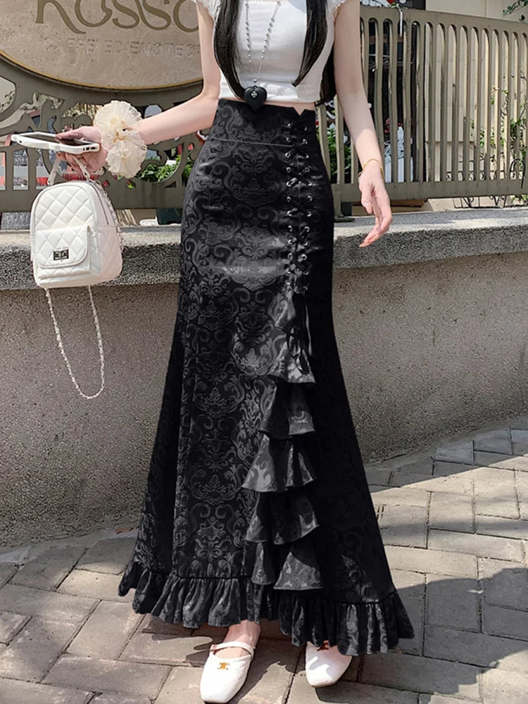 BXOXO Print Vintage Long Skirt Women Casual Ruffles England Sweet Trumpet Skirts Retro Lace Up Elegant Female Design Long Skirt