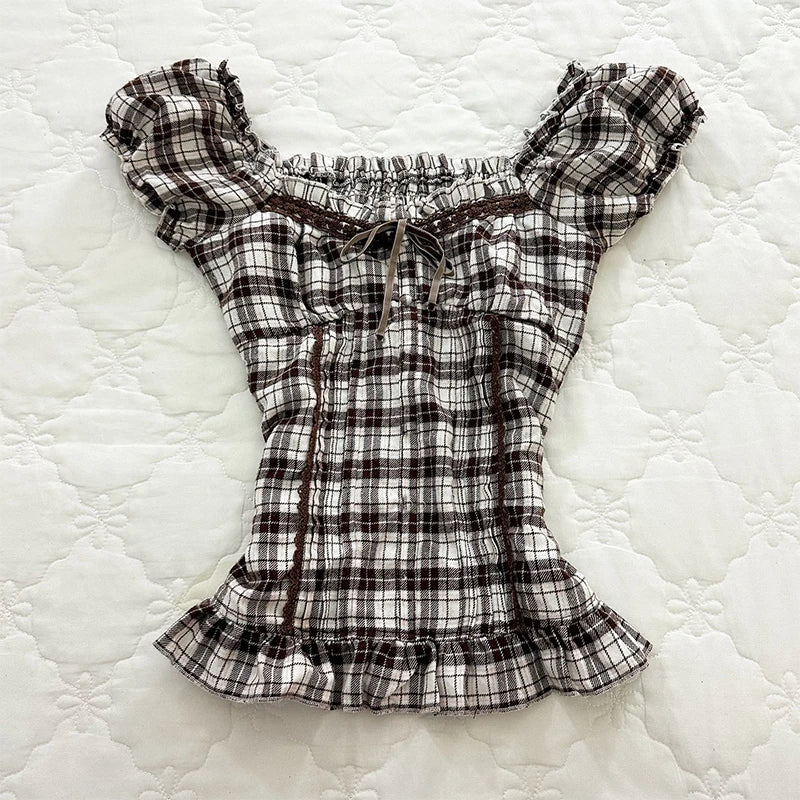 BXOXO NEW Sweet Vintage Classic Plaid Pattern Crop Tops Harajuku Maiden Woman Y2K Cute Shirts Tide Baby Tee Slim Fairy Punk Clothing