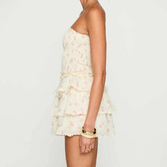 BXOXO Women Y2K Strapless Short Dress Backless Tube Ruched Ruffle Mini Dress Floral Flowy Sleeveless Bodycon Sundress