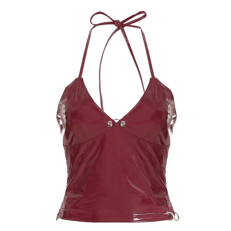 BXOXO y2k Red Leather Crop Top Streetwear V Neck Bandage Halter Camisole Vintage Club Party Women PU Mini Vest Punk Fashion Tee