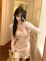 Bxoxo Summer Japanese 2 Piece Dress Set Women Elegant Casual Cardigan + Sweet Slim Floral Y2k Mini Dress Elegant Beach Korean