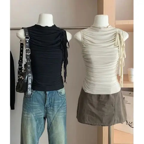 BXOXO Streetwear Folds Tank Tops Women Lace Up Sleeveless Tshirts Korean Fashion Chic Summer Mesh  Casual Tanks Y2k