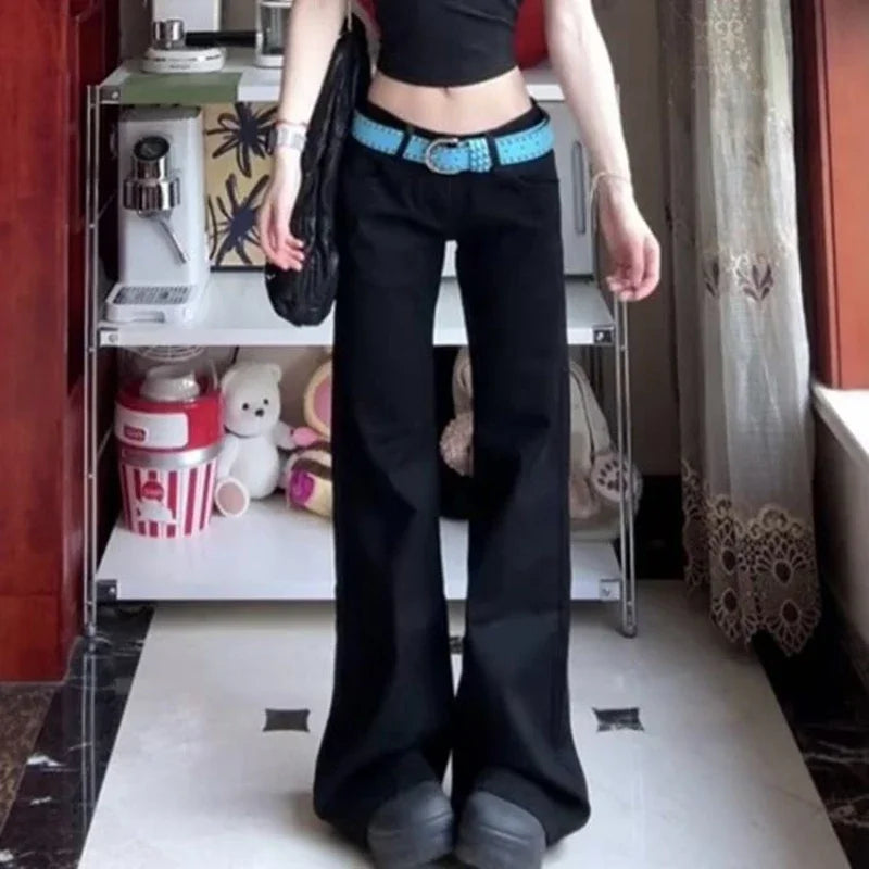 Bxoxo Black Basic Vintage Women's Pants Harajuku Low Waist Wide Leg Korean Fashion Flare Trousers Baggy Office Lady Casual