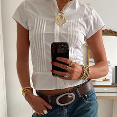 BXOXO Solid Folds Blouse for Women Casual Short Sleeve Button-up Crop Tops Y2k Streetwear Shirts Korean Fashion Summer T-shirt