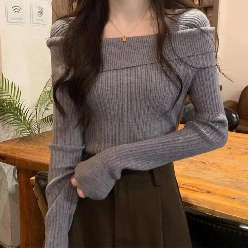 Bxoxo Women Off Shoulder Knit Sweater Slash Neck Long Sleeve Slim Knitwear Jumpers Office Sweater For Women 2024 Autumn Winter