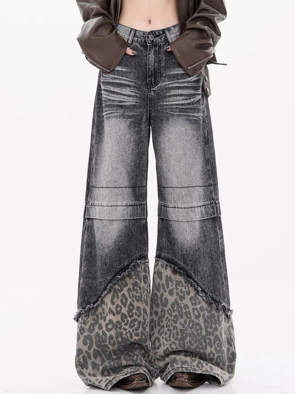 Bxoxo Y2k Vintage Patchwork Leopard Women Jeans Harajuku Washed Wide Leg Korean Fashion Denim Pants Baggy Trousers Streetwear